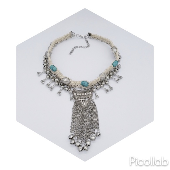 Turquoise Metal Braid Bell Chain Collar Necklace - Picture 4 of 5